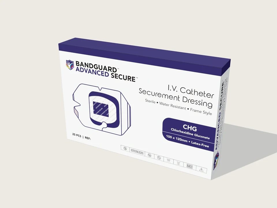 Bandguard CHG IV securement dressing carton rendered from the original artwork